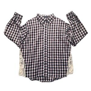 Women's Plaid Shirt Crochet Long Sleeve Top Size M Collared Buttom Up Western